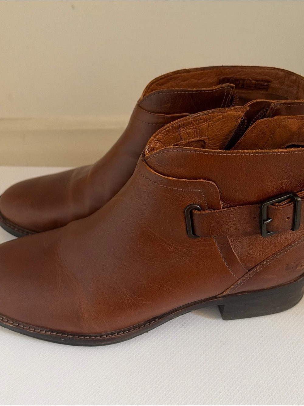 UGG Brown Leather Ankle Booties with Side Buckle